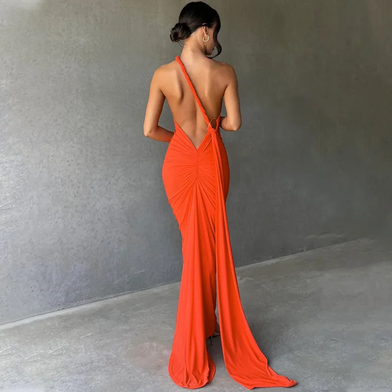 Women's Backless Irregular Maxi Ruched Long Sleeveless Dress