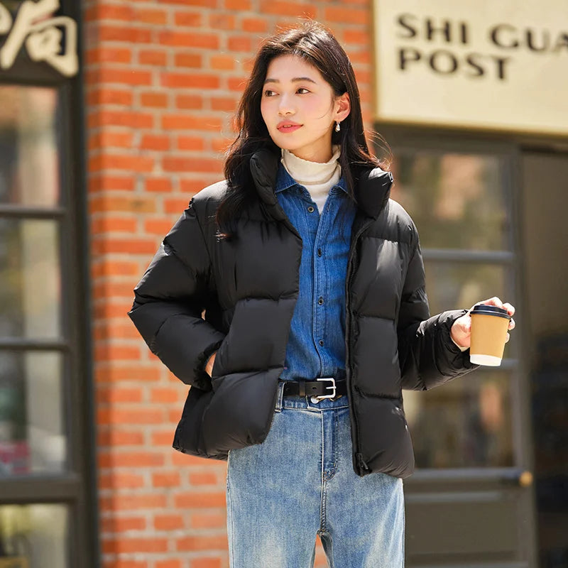 Down Jacket Women Three-Proof Solid Color Stand-Up Collar Loose Simple Winter Versatile Goose Warm