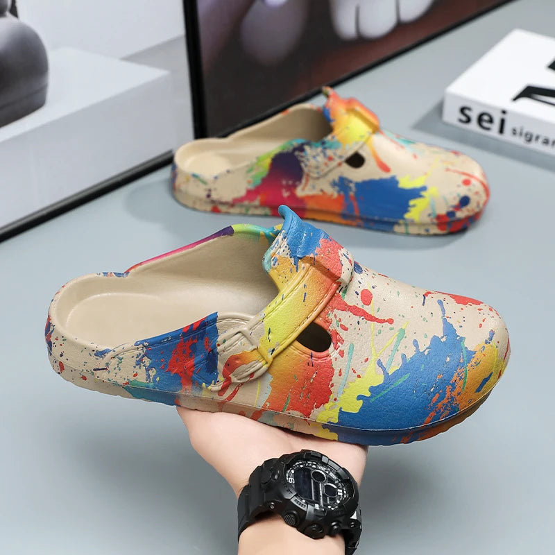 Men's Summer Slippers Platform Sandals Clogs Splashing Ink Design Slides