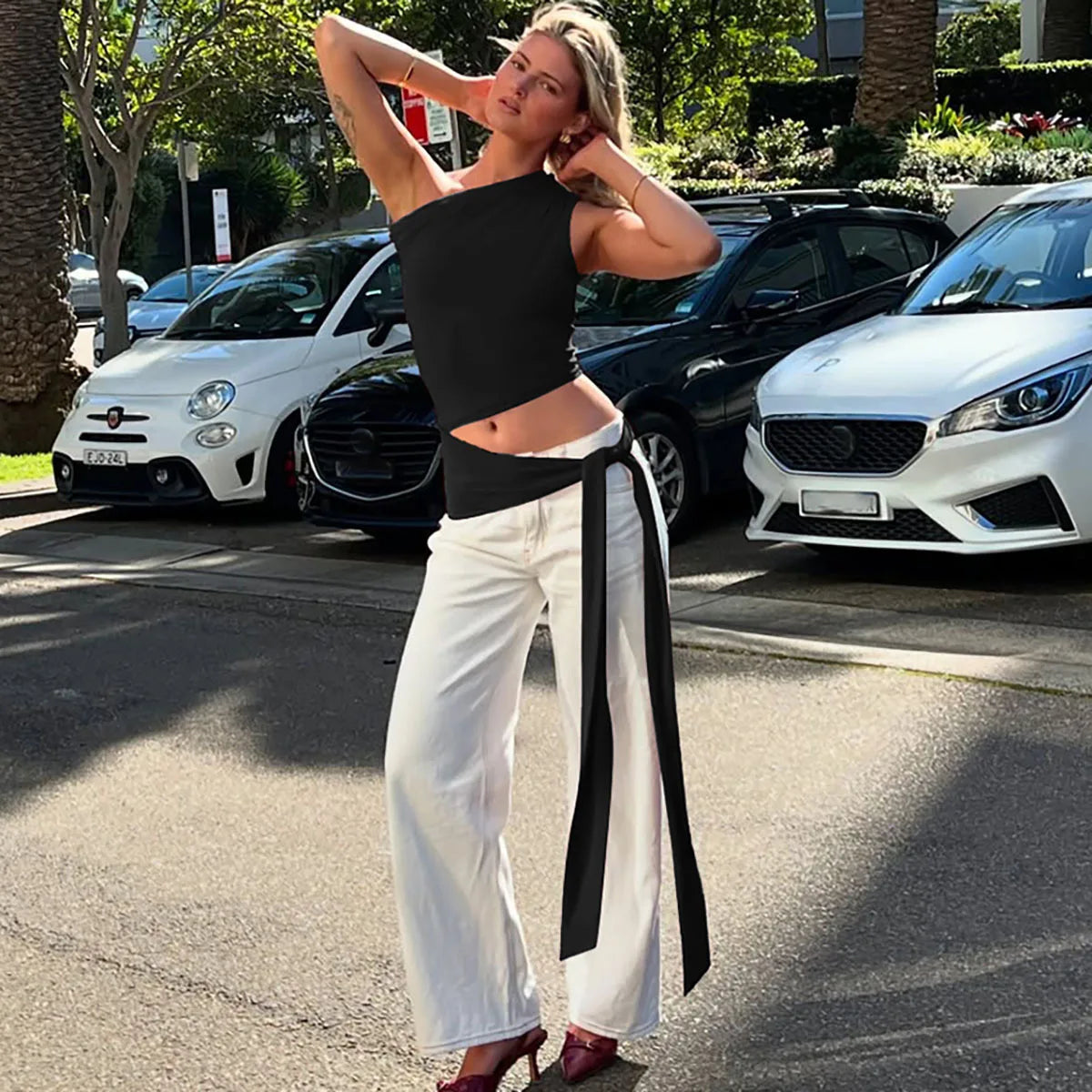 Women's One Shoulder Solid Lace Up Top Summer Outfit Backless Sleeveless Crop Tank Coquette