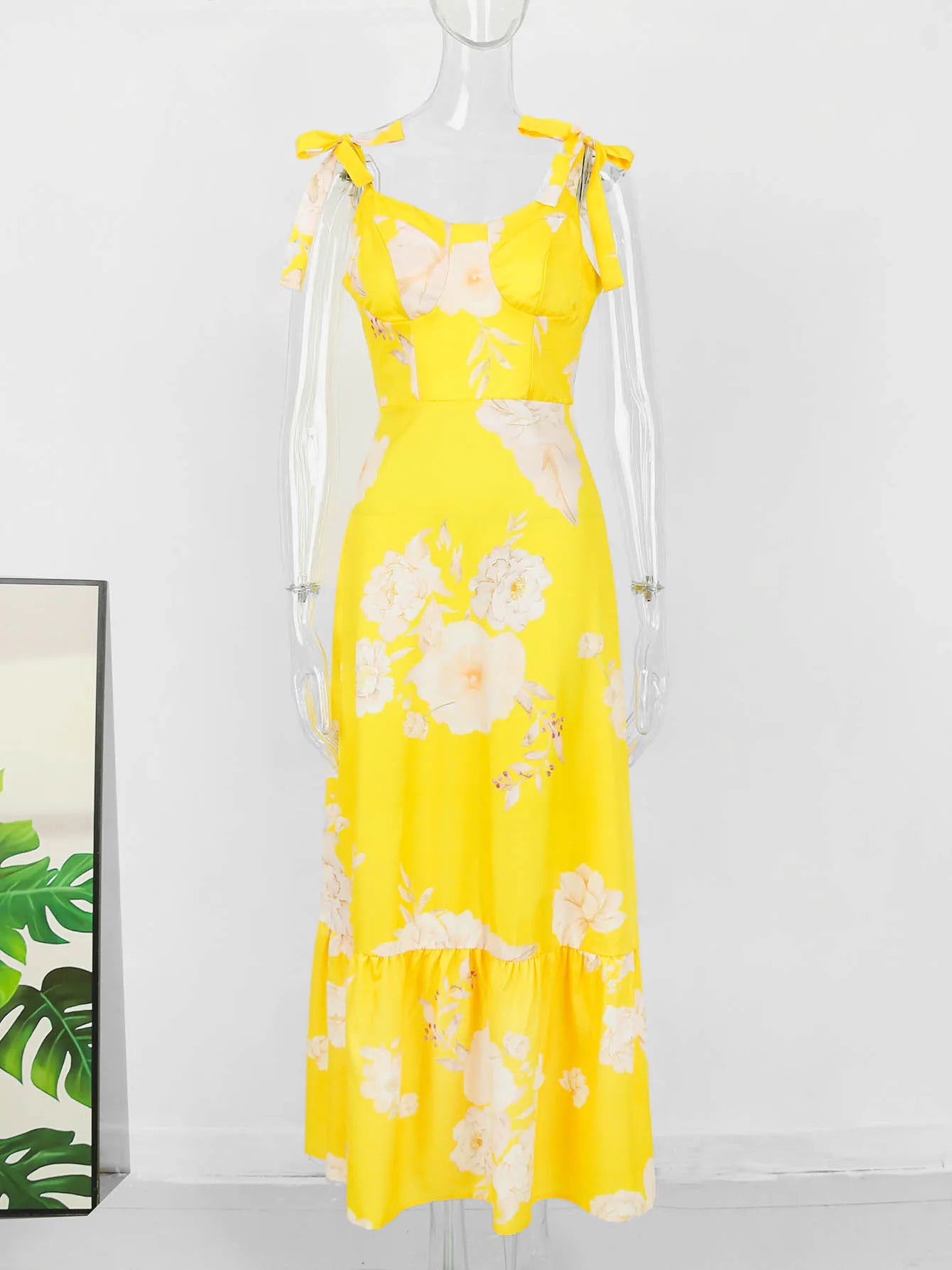 Women's Floral Printed Elegant Sleeveless Long Lace Up Robe Summer Bodycon Dress