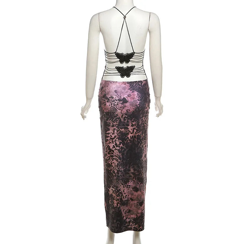Women's Maxi Backless Butterfly Print Sleeveless Thin Line Summer Party Dress