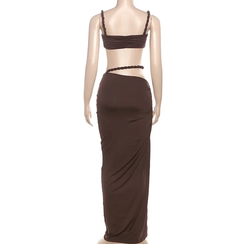 Women's Ruched Bandage 2 Piece Set Backless Decorative Cord Top and Skirt Dress Set