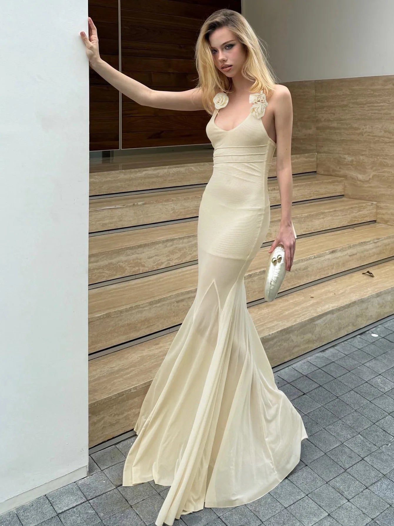 Women's Floral Applique Maxi Summer Halter Neck Plunge Backless Mesh Sheer Dress
