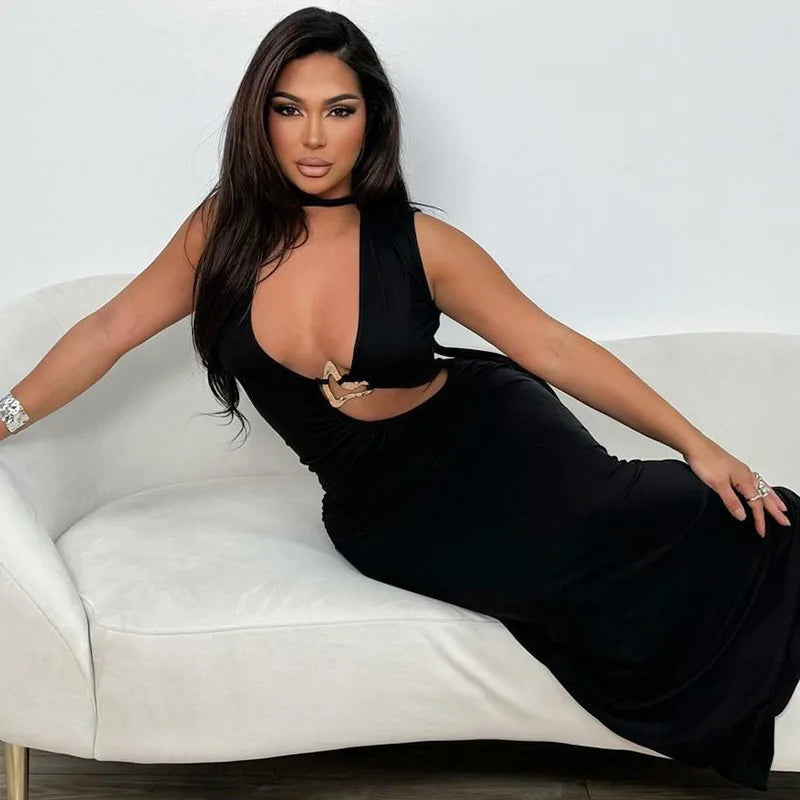 Women's Embellished Plunge Halter V Neck Maxi Outfit Club Party Cut Out Bodycon Dress