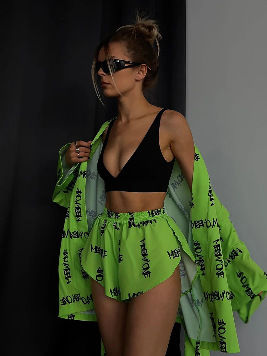 Women's Casual Print Pyjamas Lace-Up Long Sleeve Robes Shorts Sleepwear Set