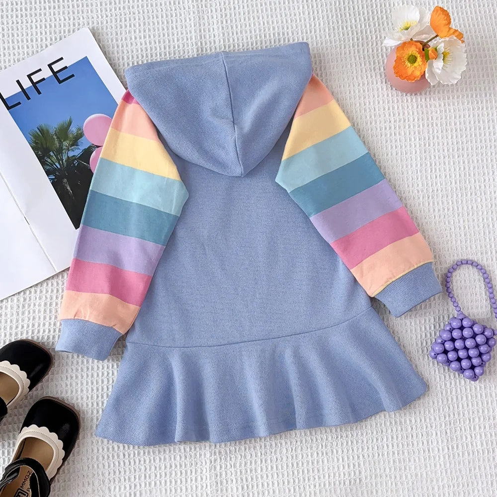 Girls Autumn Princess Rainbow Colourful Hooded Dress