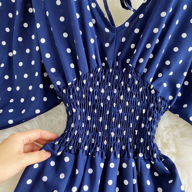 Women's V-Neck Polka Dot Jumpsuit - Wide Leg Trousers with Dolman Sleeves