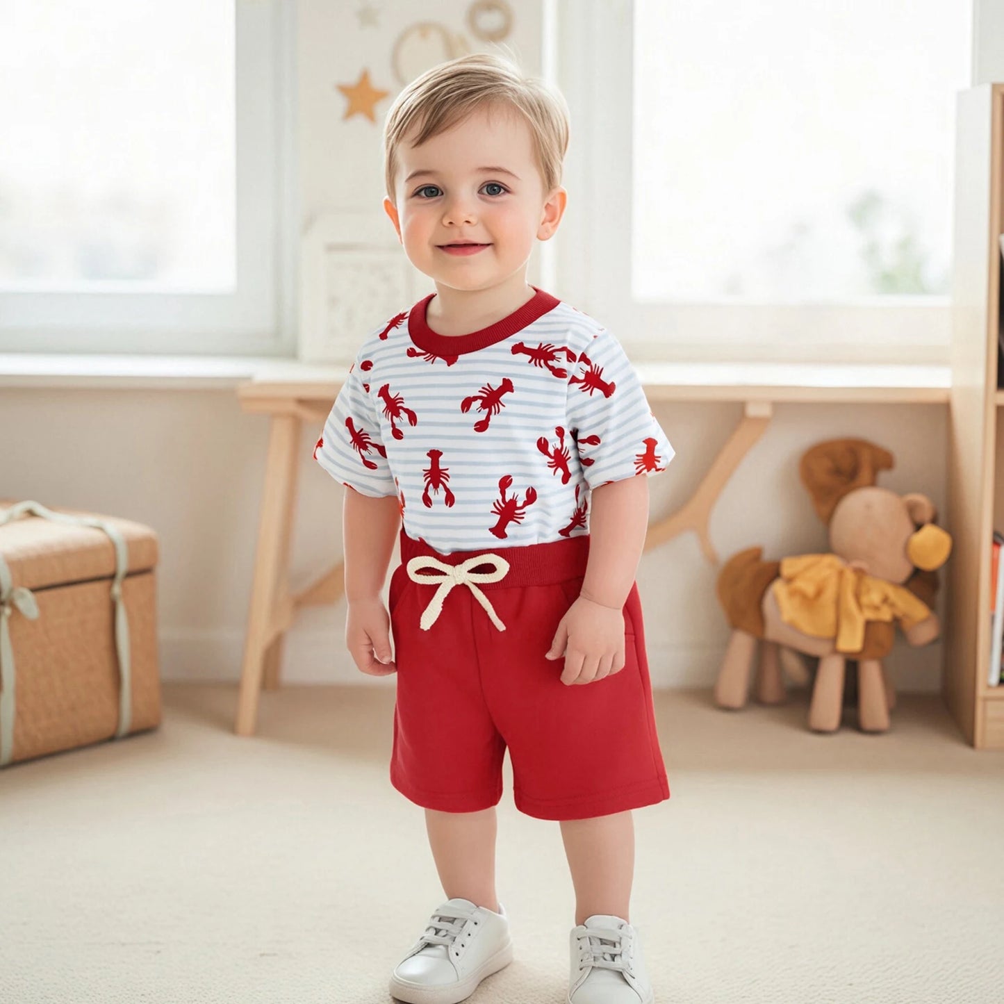 Baby Boys Striped Lobster Print Summer Set - T-Shirt & Solid Shorts (0-3Y)