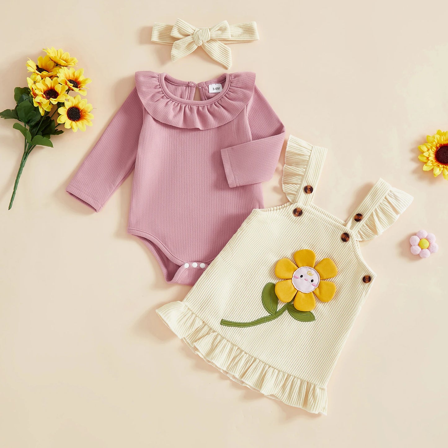 Baby Girls Sunflower Embroidery Outfit Set - Ruffled Long Sleeve Romper Dress & Bow Headband (0-18M)
