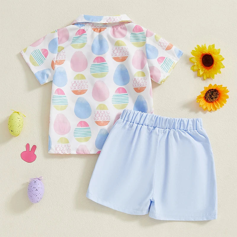 0-4Y Kids Boys Easter Gentleman Clothes Set Egg Print Short Sleeve Button-up Bow Tie Shirt with Elastic Shorts