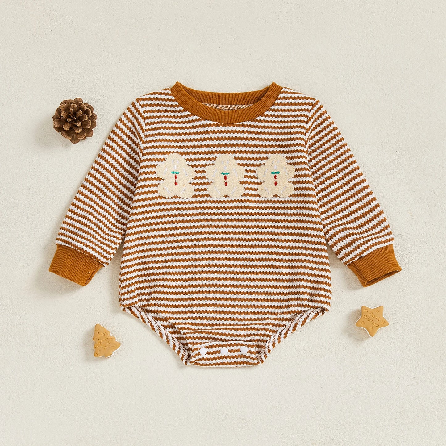 Baby Christmas Romper - Long Sleeve Stripes Print Xmas Embroidery Bodysuit