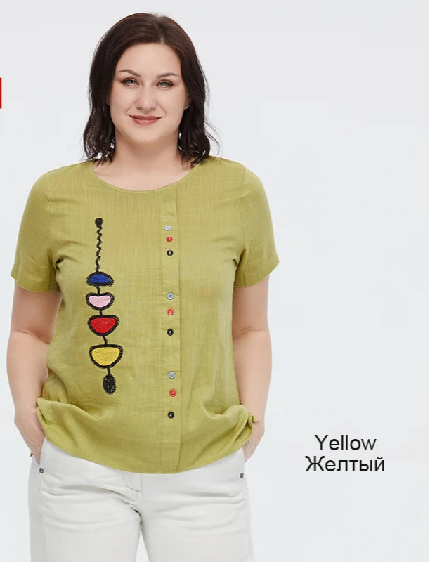 Women's Summer Cotton Linen Oversized Short Sleeve Sequins Button Top