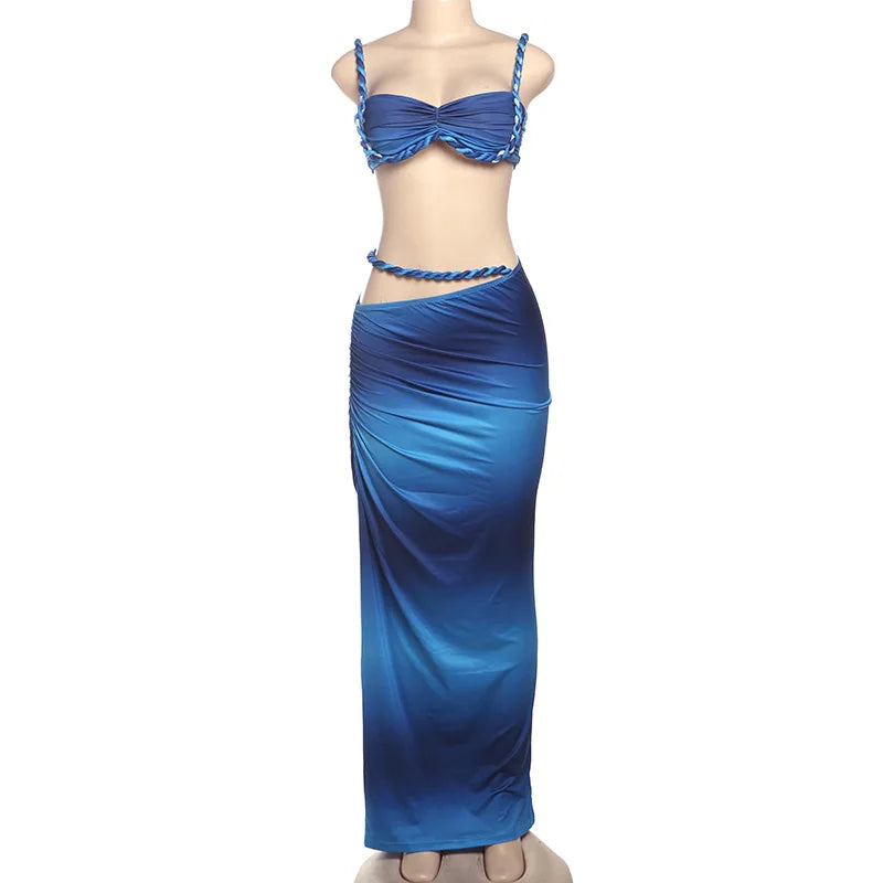 Women's Ruched Bandage 2 Piece Set Backless Decorative Cord Top and Skirt Dress Set
