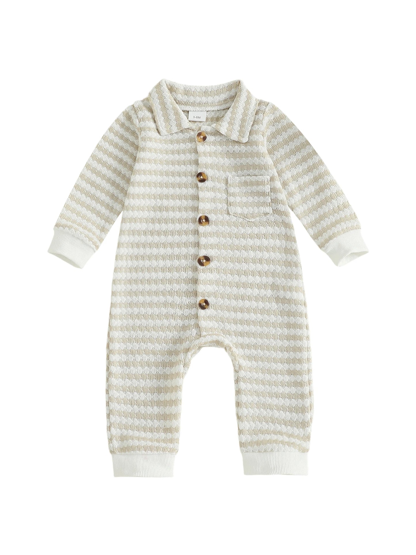 Newborn Baby Fall Winter Jumpsuit Set - Striped Turn-Down Collar Romper & Pants (0-18M)