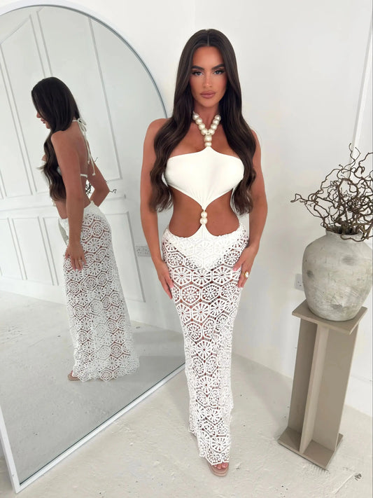 Women's Pearl Cut Out Maxi Summer Semi-sheer Party  Elegant Slim Knit Maxi Beach Dress