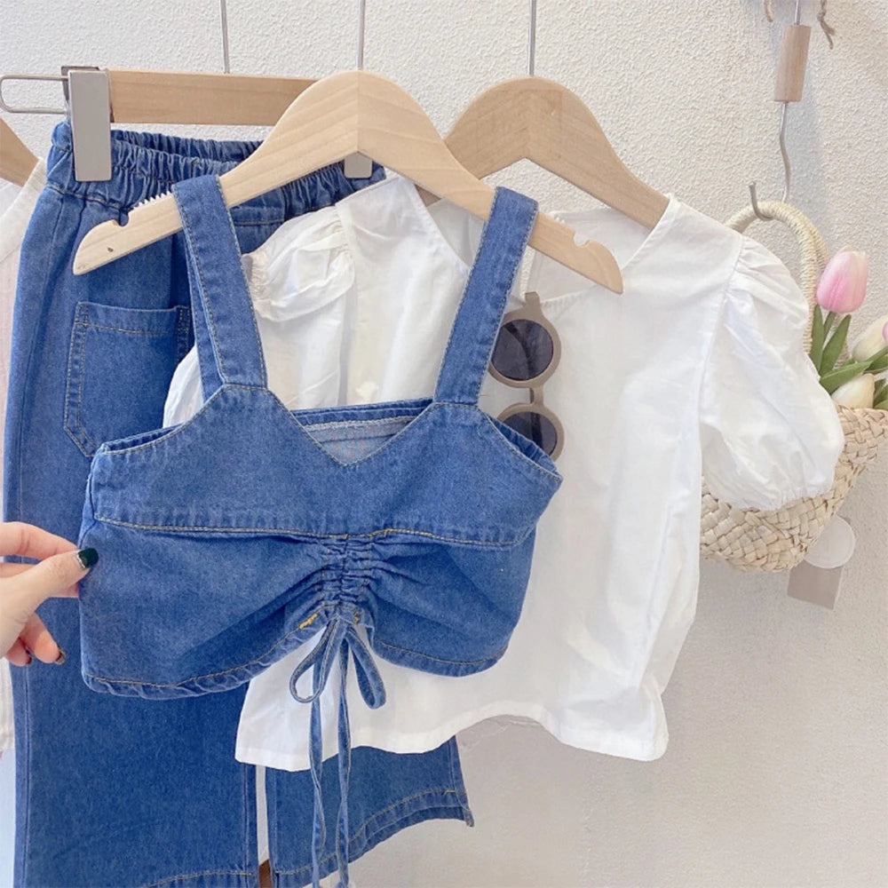 Girls' Set Summer Round Neck Short Sleeve Shirt with Denim Tank Top and Pants Three Piece  Set