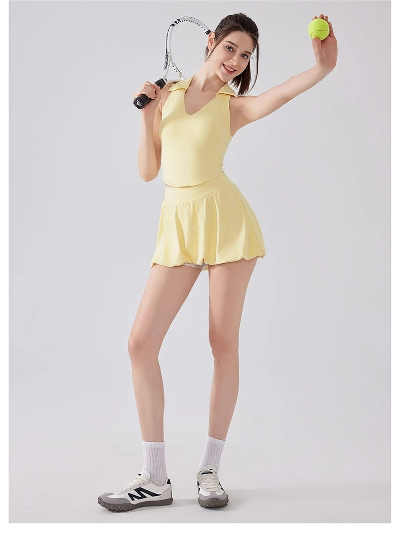 Women's Two Pieces Fitness Yoga Set - Breathable Tennis Skirt and Top Combo
