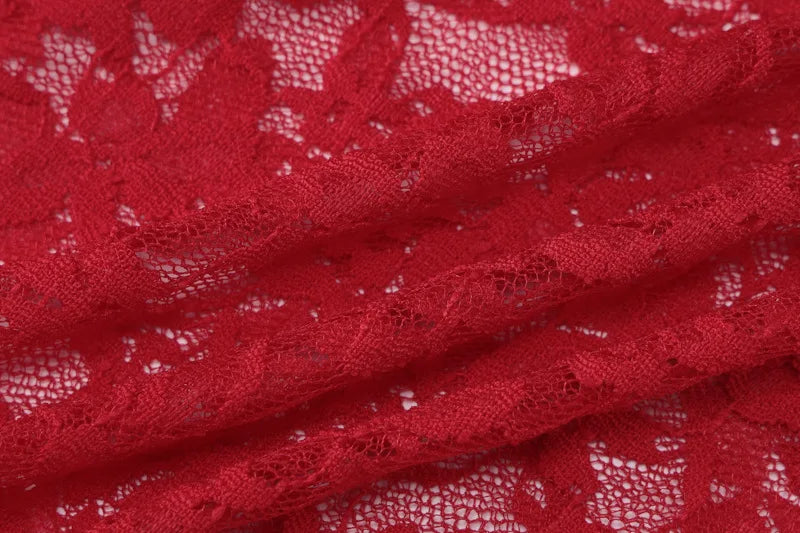 Women's Hollow Lace See Through Red Dress Set Square Neck Top and Skirt 2 Piece Set