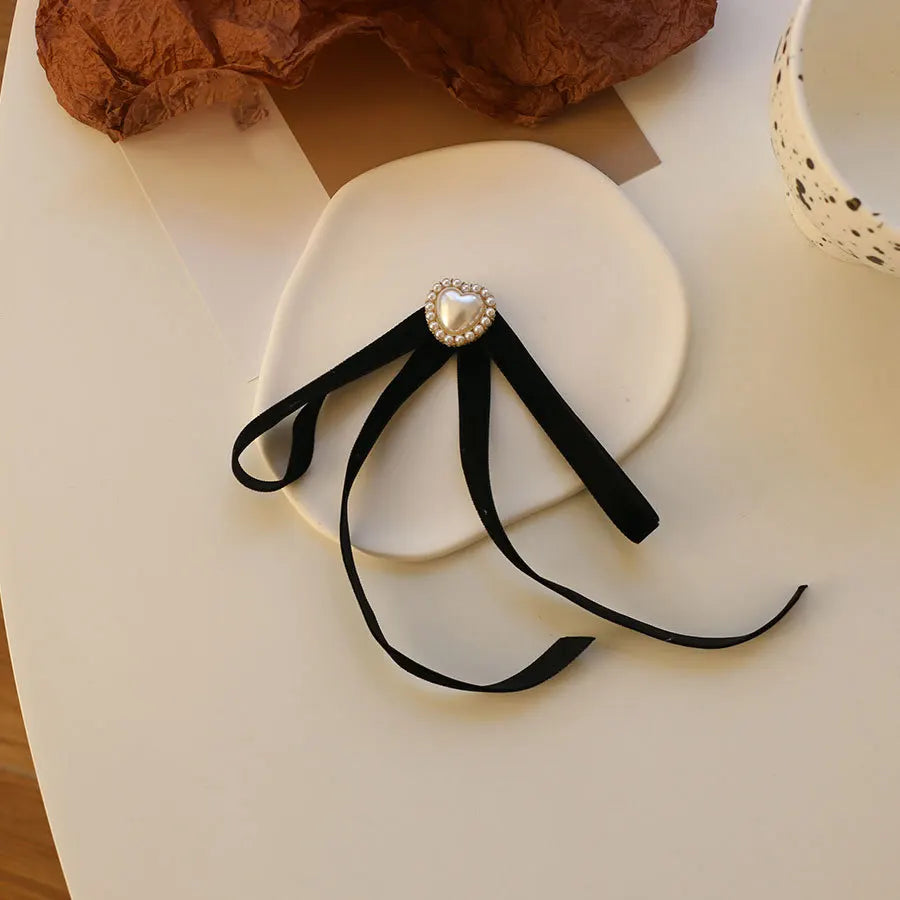 Anime Style Velvet Bow Pearl Brooch - Sweet Academic Pin for Girls