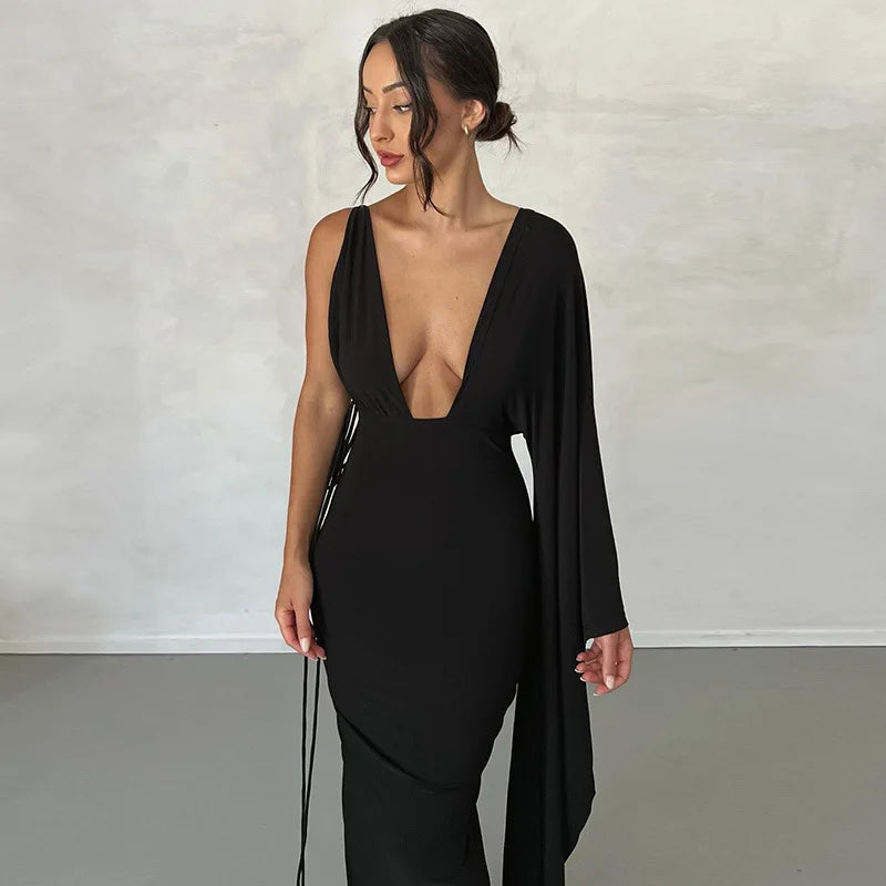 Women's Draped Deep V Backless Maxi One Shoulder Gown Slip Dress