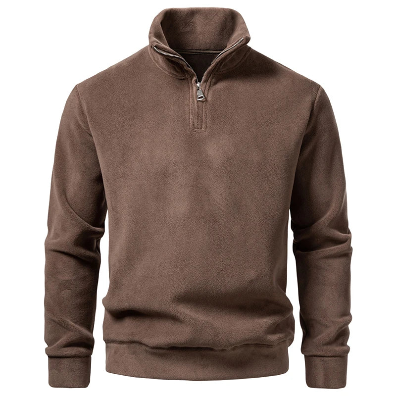 Men's Half Zipper Fleece Stand Collar Hoodie Solid Color Warm Loose Pullover