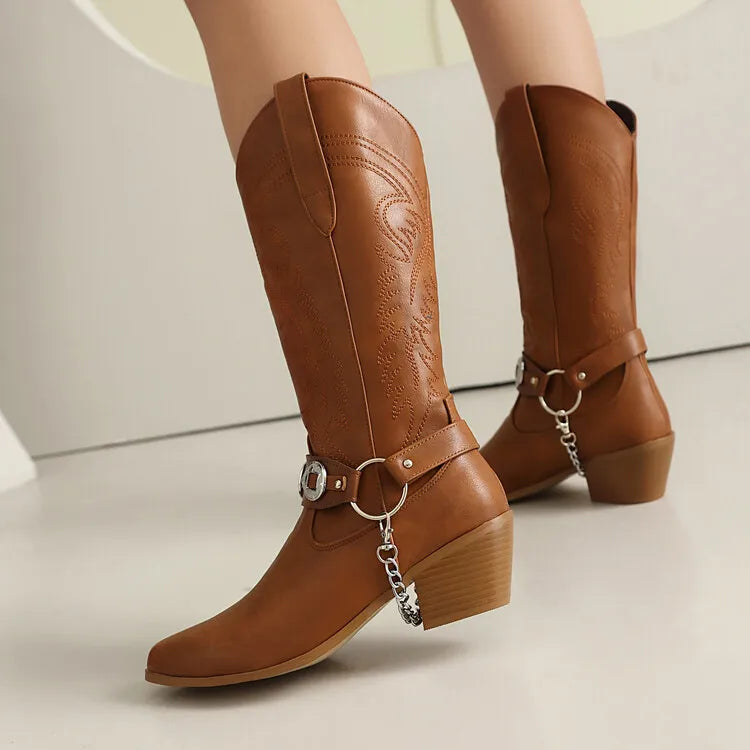 Women's Tapered Circular Metal Chain Chelsea Bohemian Pointed Leather Knee High Boots