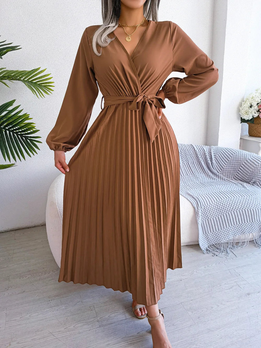 Women's Spring Summer Cross V Neck Large Hem Pleated Long Dress
