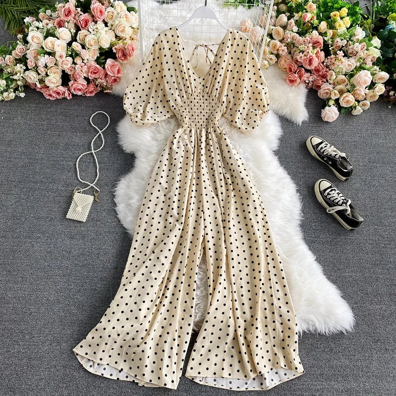 Women's V-Neck Polka Dot Jumpsuit - Wide Leg Trousers with Dolman Sleeves