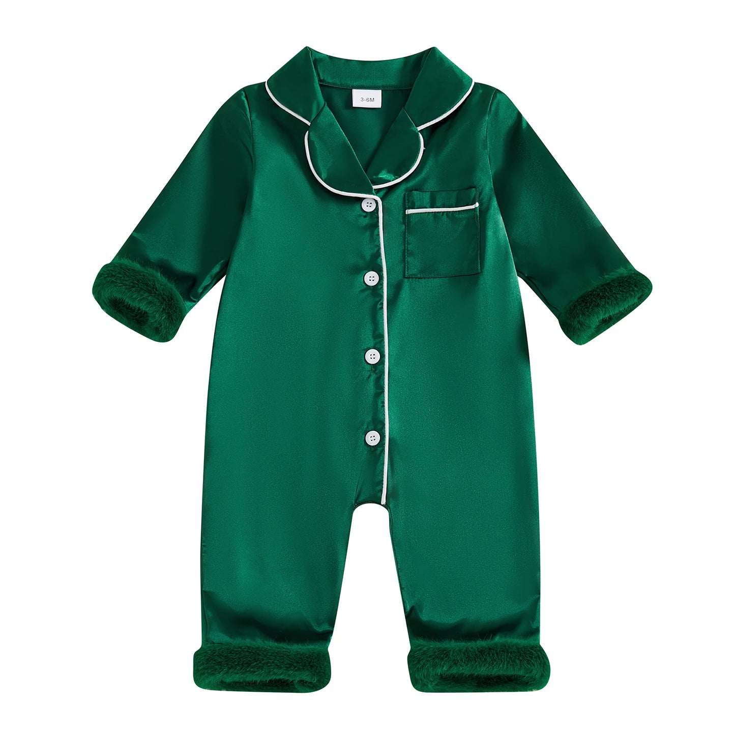 Baby Christmas Pajama Romper - Button Down with Feather Trim Cuffs