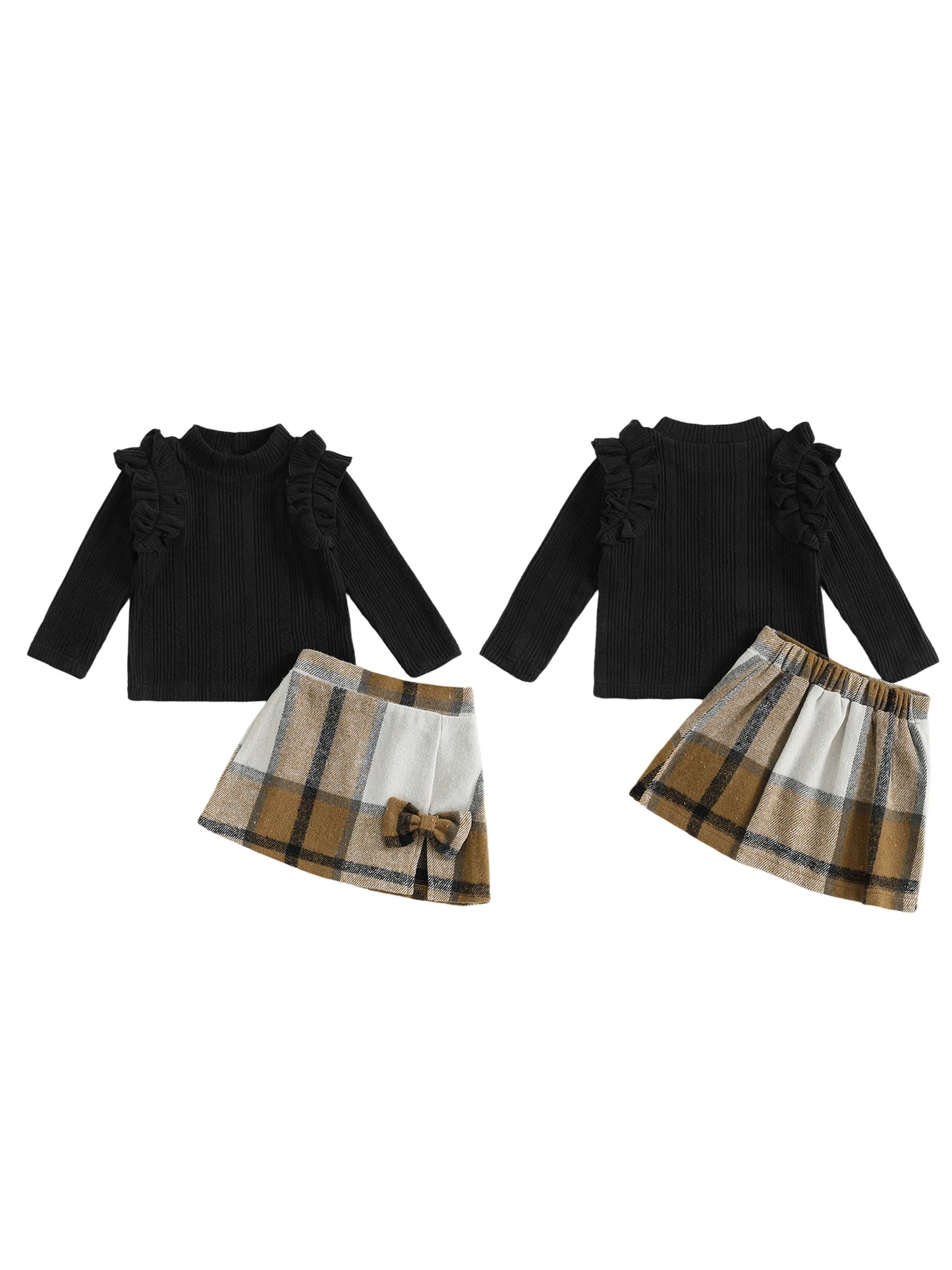 Girl's Skirt Set - Long Sleeve Crew Neck T-Shirt with Plaid Skirt