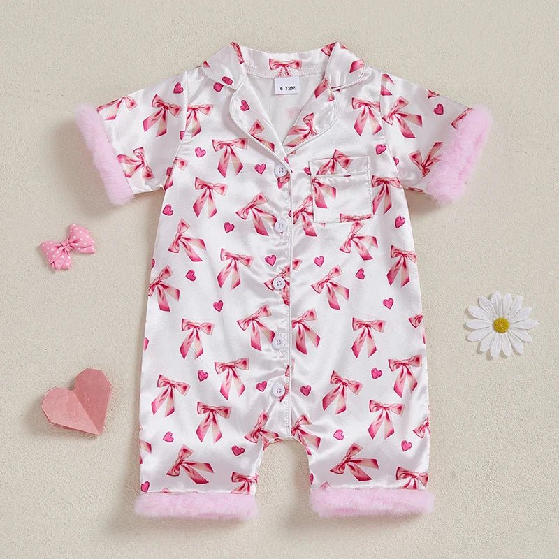 Baby Girls' Satin Romper Pajamas - Bow Print Feather Cuffs Short Sleeve Lapel Jumpsuit