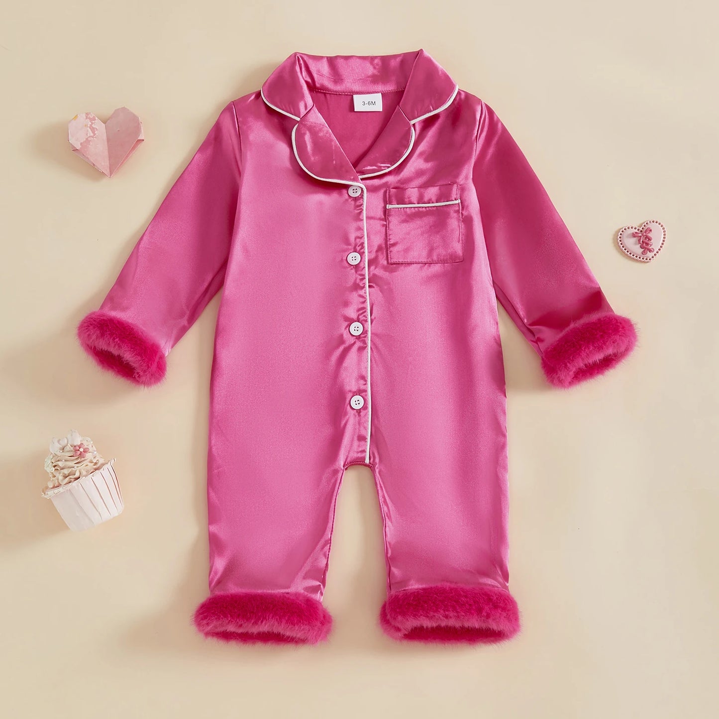 Baby Satin Pajama Romper - Fur Trim Button Down with Lapel