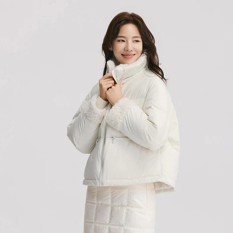 Down Jacket Women Loose Solid Color Winter Patchwork Imitation Lamb Wool Stand-Up Collar Textured