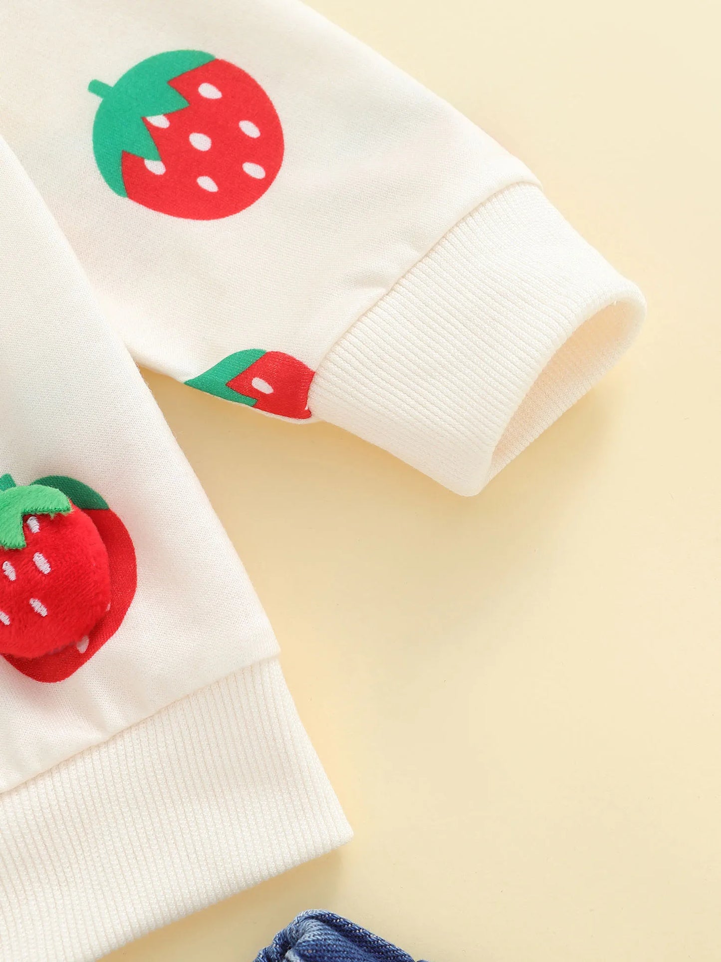Kids Girls Fall Winter Clothes Set - 3D Strawberry Long Sleeve Pullover Top & Ripped Denim Flare Pants