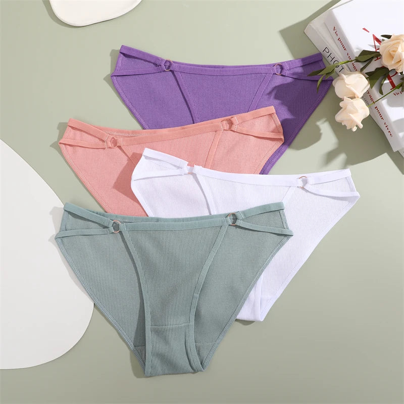 Women's 4Pcs/Set Cotton Double Belts Underwear Metal Ring Panties Low Waist Striped Briefs Breathable Lingerie