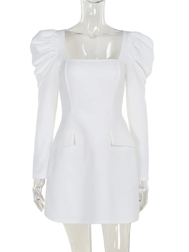 Women's Square Collar Long Sleeve Mini Ruched Elegant Bodycon Pockets Splice Dress