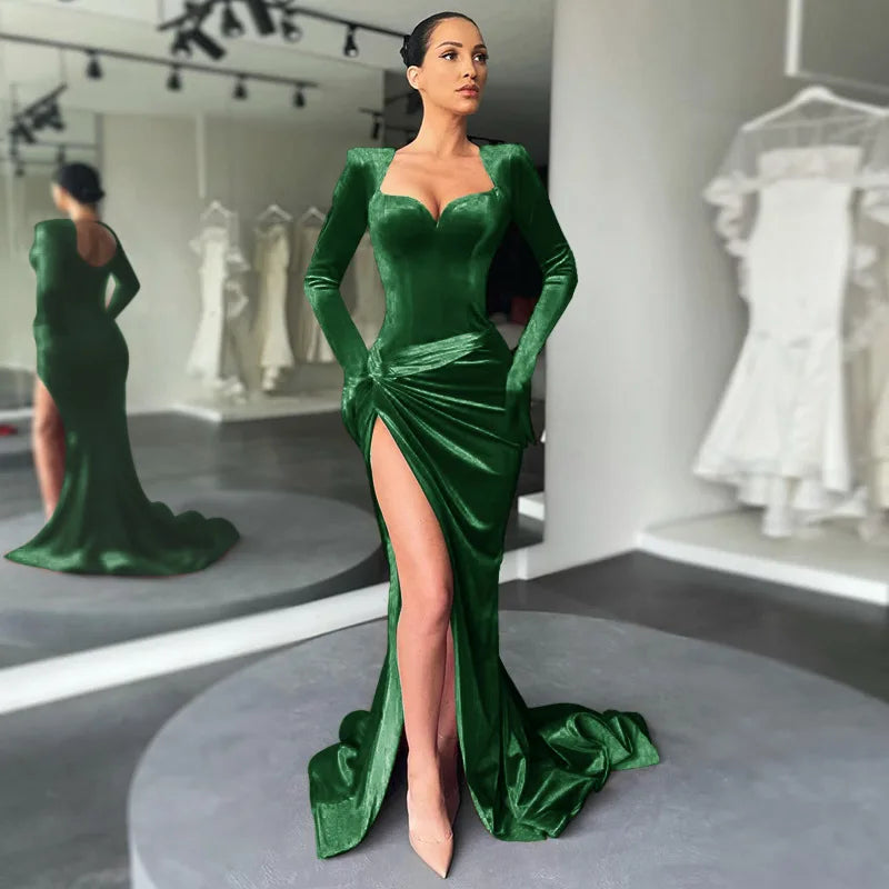 Women's Gown Long Dress - Gloves Sleeve Velvet Slit Maxi Ruched Dress