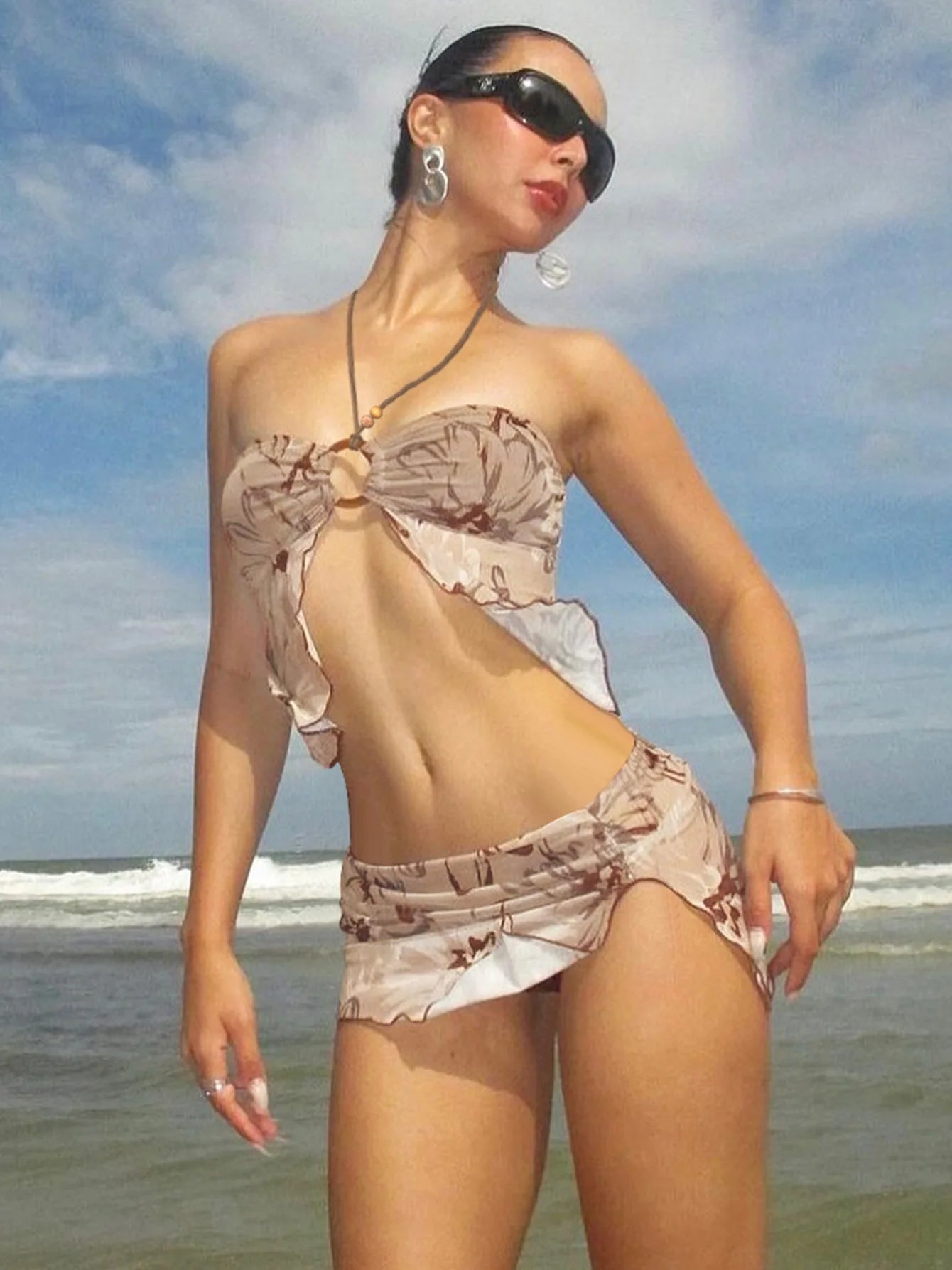 Women's Summer Beachwear Two Piece Sets Outfit Halter Mesh Top and Skirt Split Co-ords Set