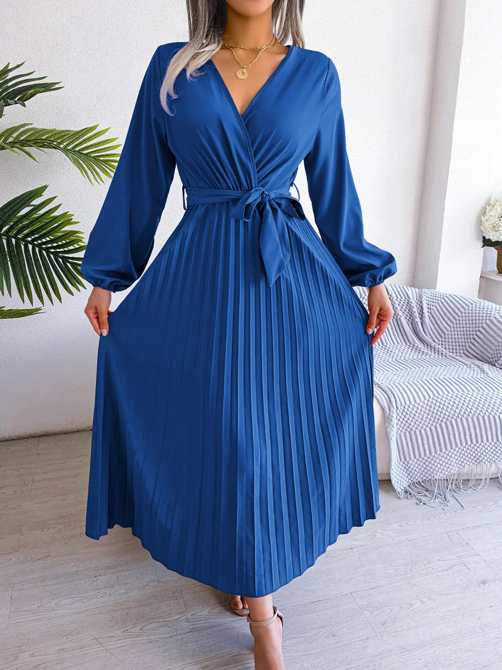 Women's Spring Summer Cross V Neck Large Hem Pleated Long Dress