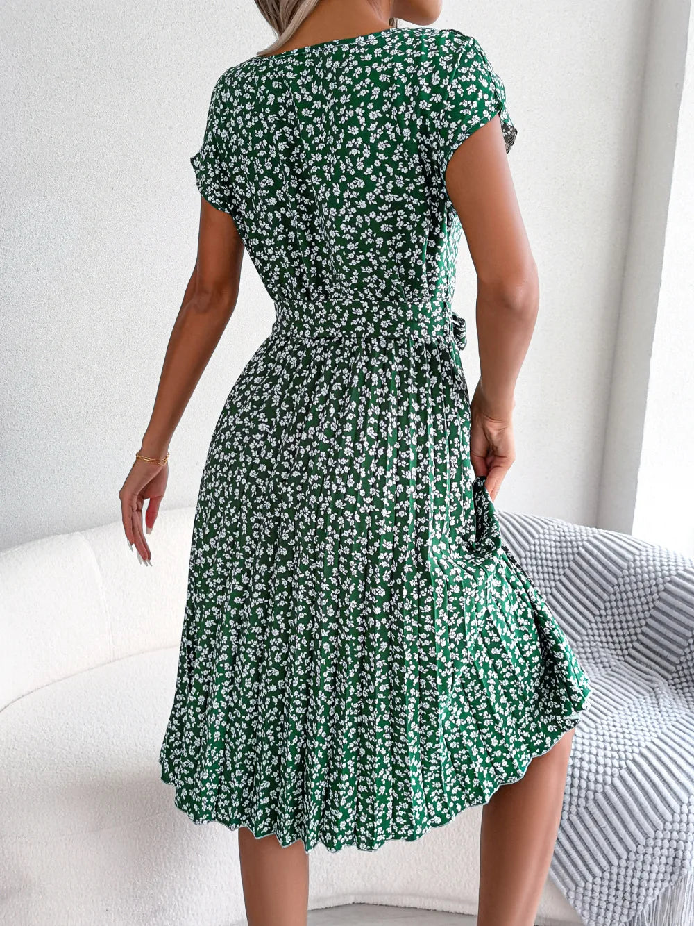 Women's Floral Pleated A Line Long Spring Summer Short Sleeve High Waist Chic Dress