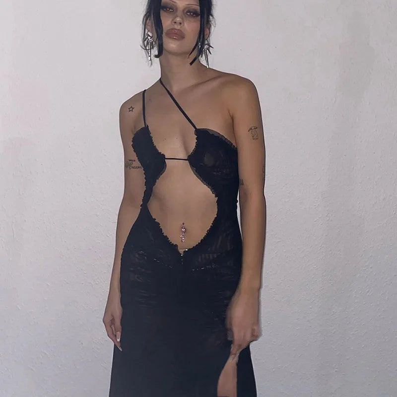 Women's Asymmetric Ruched Cut Out Sleeveless Maxi Party Slip Dress