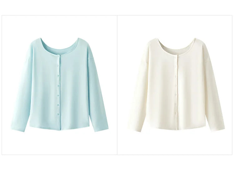 Women's Long Sleeve U-Neck T-Shirt - Minimalist Elegant Cardigan Style Top