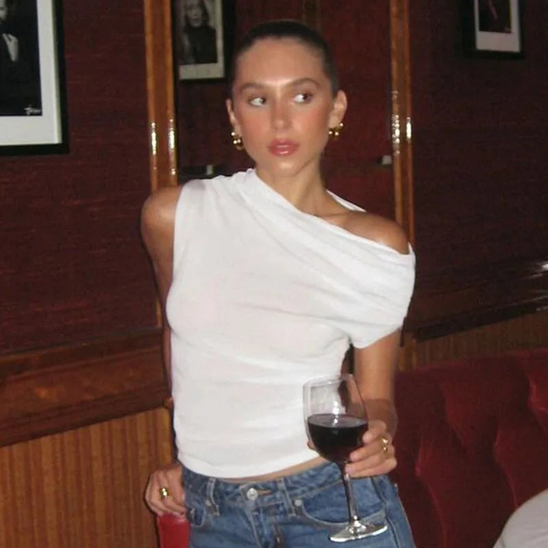 Women's Ruched Asymmetrical Tops Casual Outfits Solid Cropped Top Basic Summer T-shirt