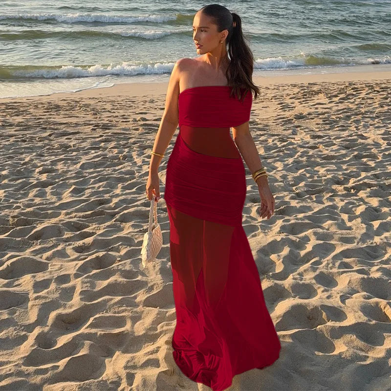 Women's Off Shoulder Ruched Mesh Maxi Dress - Backless Summer Club Dress