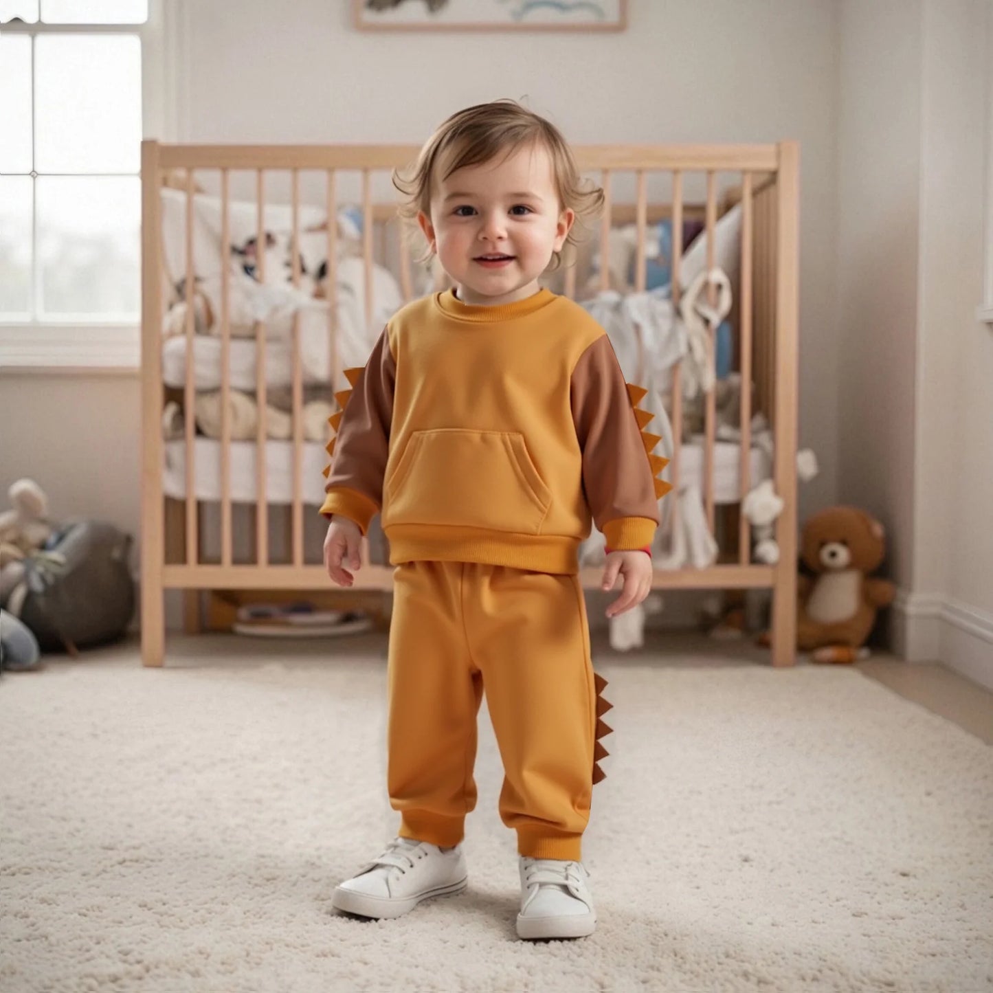 Toddler Dinosaur Hooded Outfit Set - Contrast Color Long Sleeve Top & Pants (0-5Y)