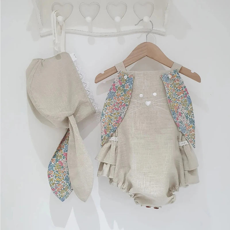 Easter Days Baby Girls Boys Romper 2pcs Cartoon Rabbit Floral Printed Sleeveless Bunny Ear Jumpsuit