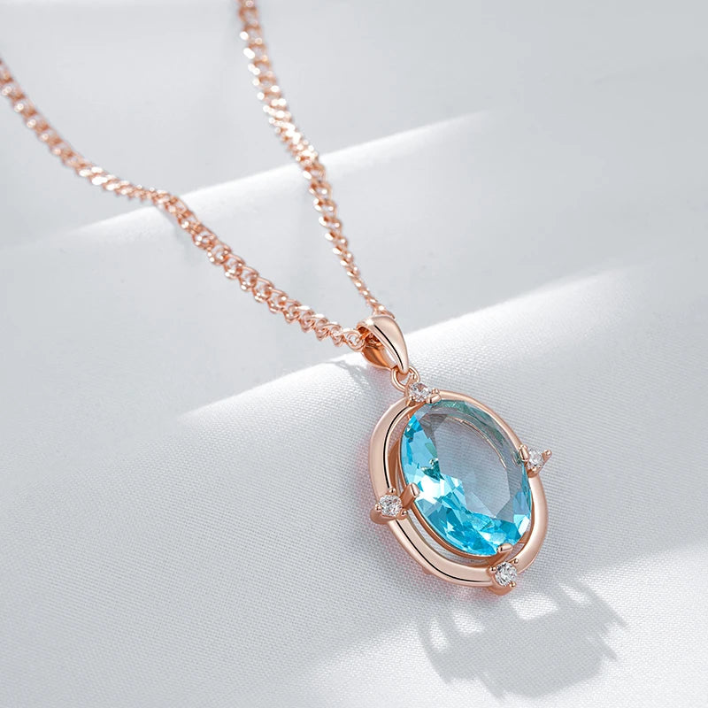 Blue Zircon Bridal Pendant Necklace - Rose Gold Romantic Fine Jewellery