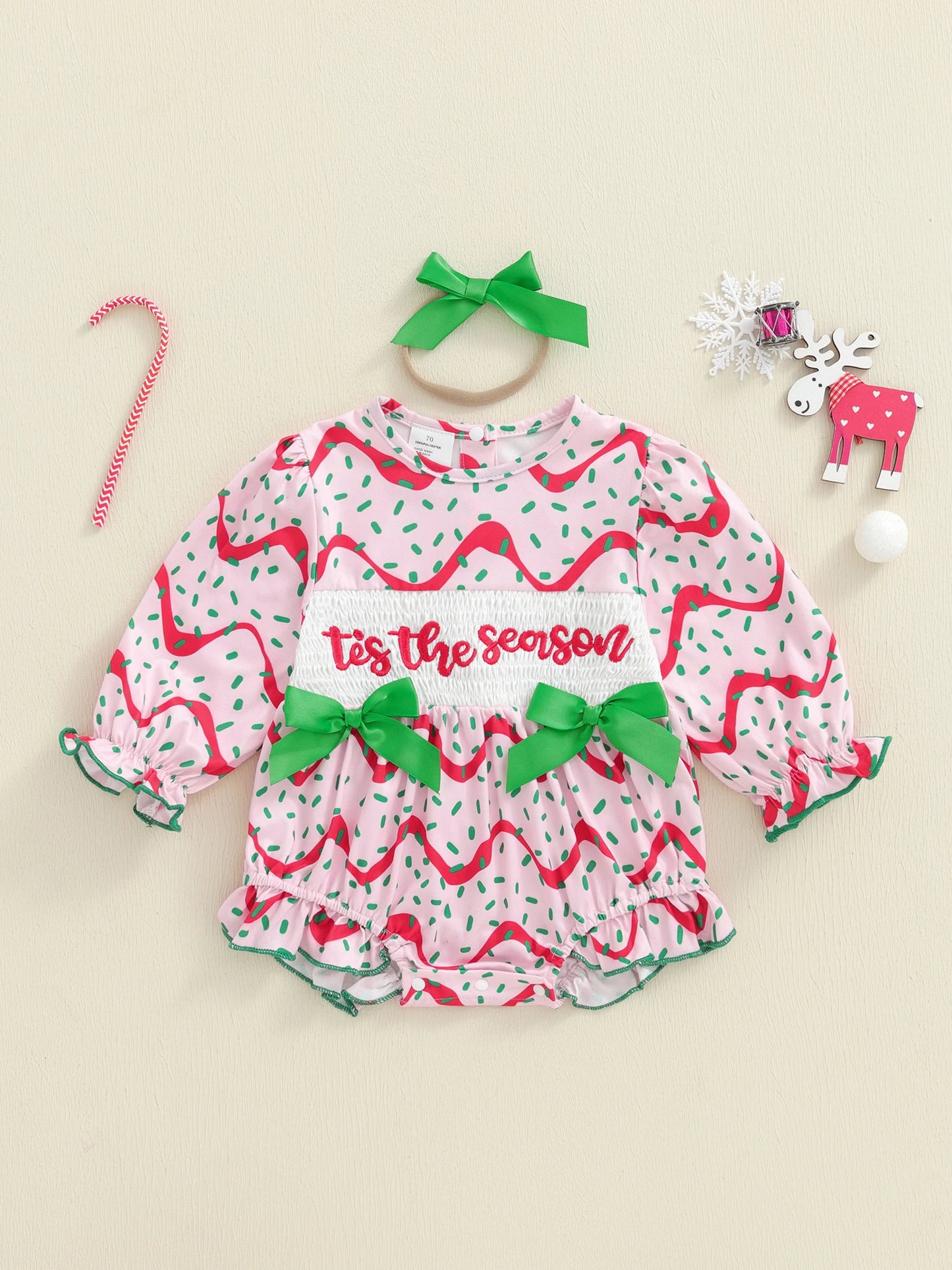 Baby Girls Christmas Romper Set - Letter Embroidery with Bow Headband