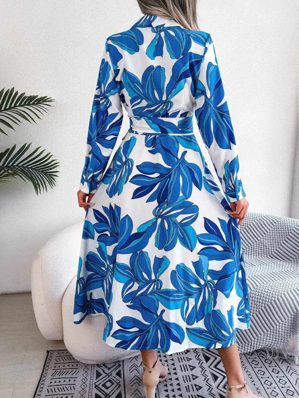 Women's Spring Summer Contrast Floral Polo Collar Lace Up Shirt Single Breasted Long Dress
